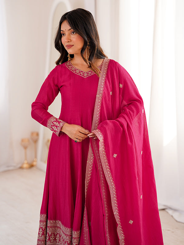 Dark Pink Jari Sequence Work Vichitra Silk Anarkali Gown With Dupatta