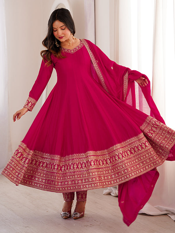 Dark Pink Jari Sequence Work Vichitra Silk Anarkali Gown With Dupatta