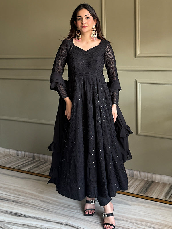 Black Embroidery Sequence Work Lakhnavi Georgette Anarkali Gown With Dupatta