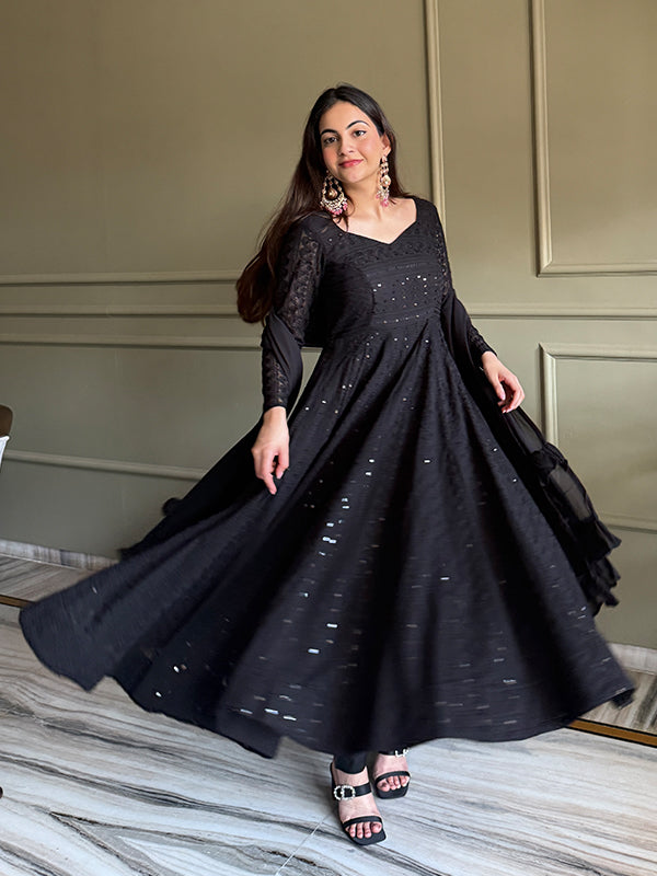 Black Embroidery Sequence Work Lakhnavi Georgette Anarkali Gown With Dupatta