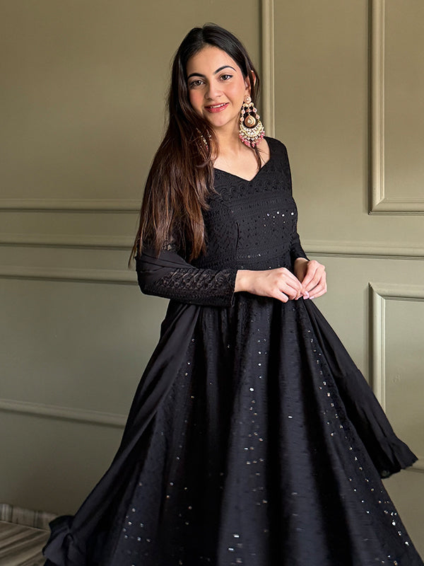 Black Embroidery Sequence Work Lakhnavi Georgette Anarkali Gown With Dupatta