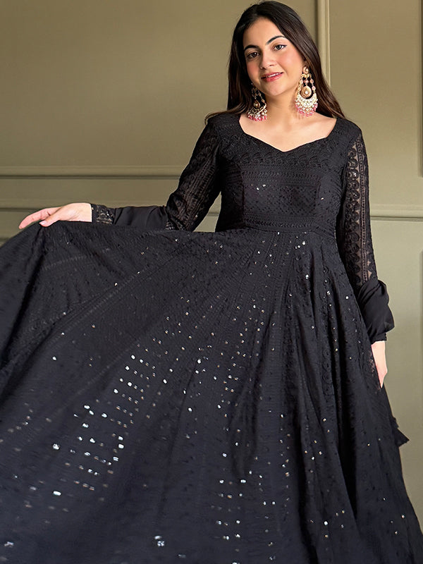 Black Embroidery Sequence Work Lakhnavi Georgette Anarkali Gown With Dupatta