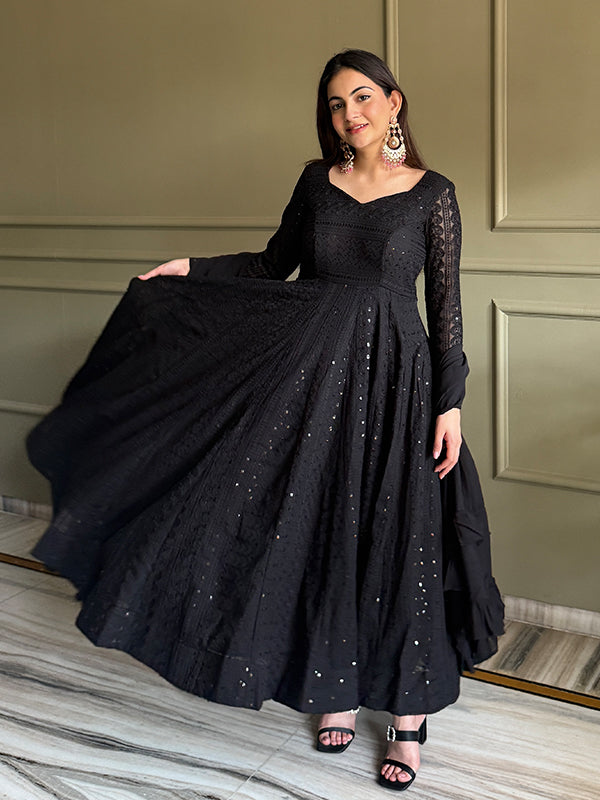Black Embroidery Sequence Work Lakhnavi Georgette Anarkali Gown With Dupatta