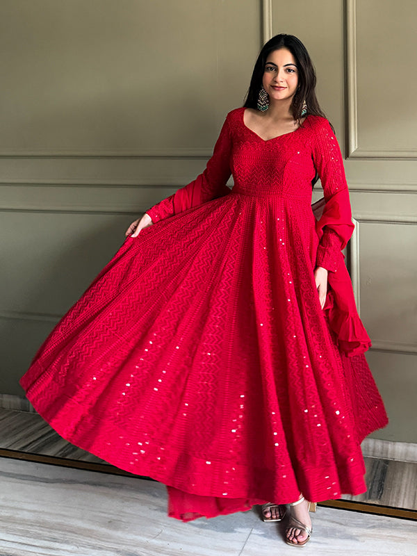 Red Embroidery Sequence Work Lakhnavi Georgette Anarkali Gown With Dupatta