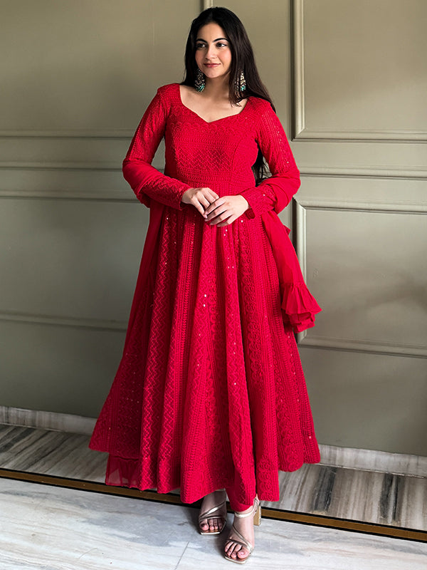 Red Embroidery Sequence Work Lakhnavi Georgette Anarkali Gown With Dupatta