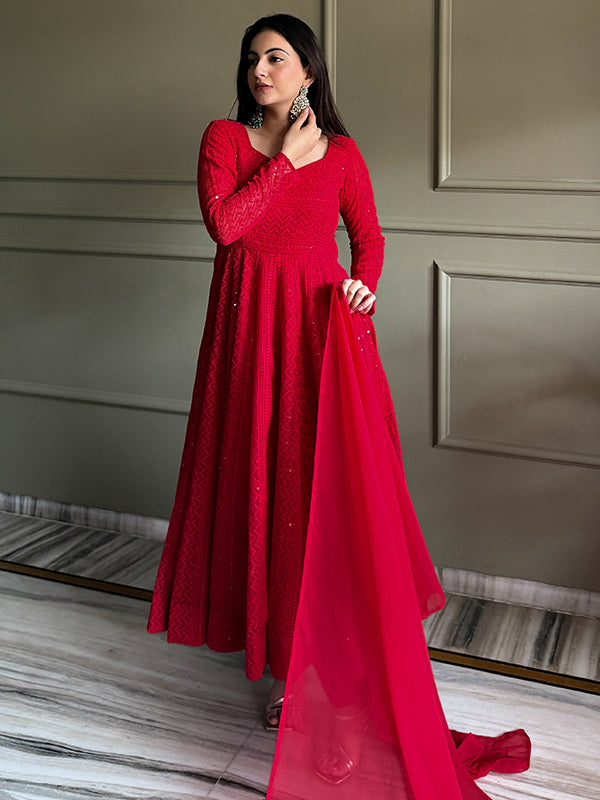 Red Embroidery Sequence Work Lakhnavi Georgette Anarkali Gown With Dupatta