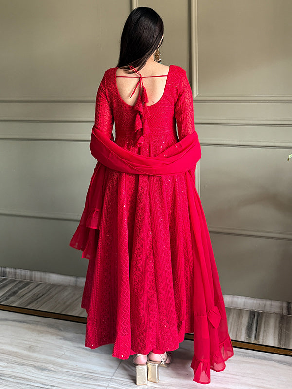 Red Embroidery Sequence Work Lakhnavi Georgette Anarkali Gown With Dupatta