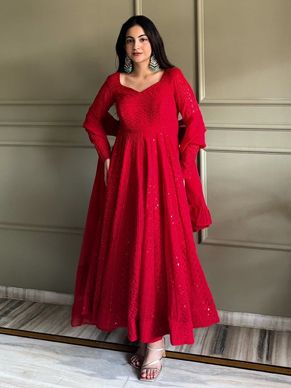 Red Embroidery Sequence Work Lakhnavi Georgette Anarkali Gown With Dupatta