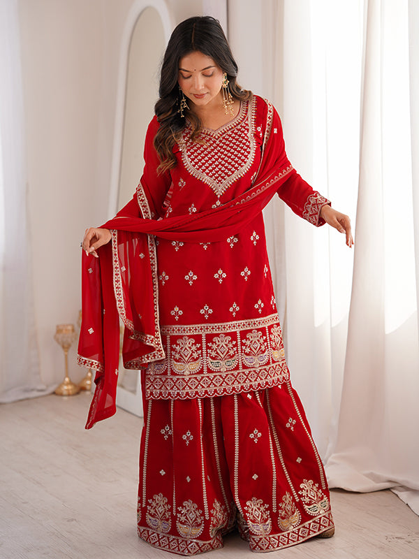 Red Embroidery Sequence Work Fox Georgette Top Sharara With Dupatta