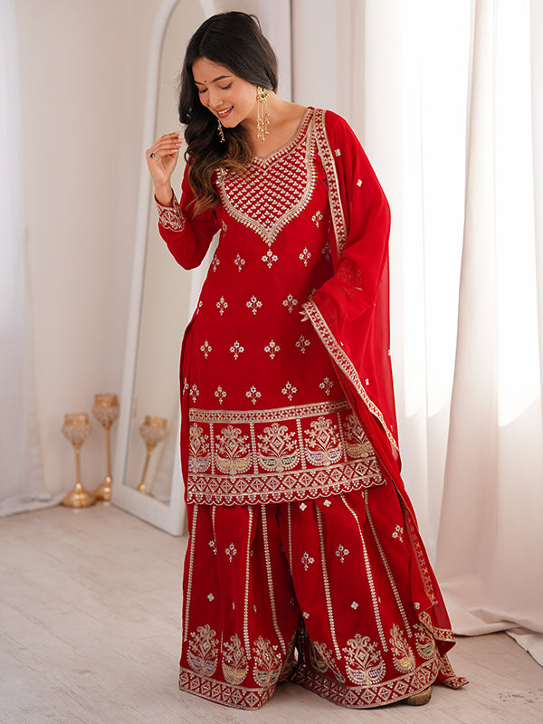 Red Embroidery Sequence Work Fox Georgette Top Sharara With Dupatta