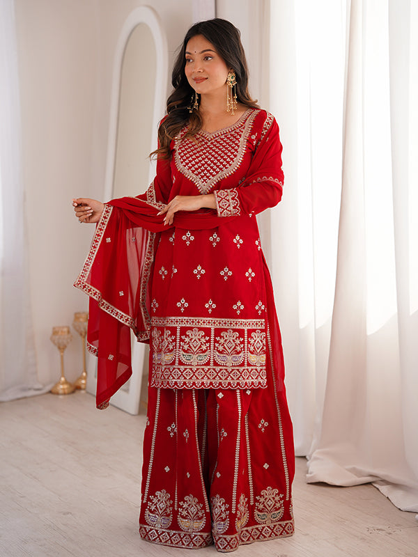 Red Embroidery Sequence Work Fox Georgette Top Sharara With Dupatta