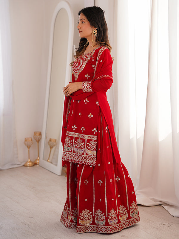 Red Embroidery Sequence Work Fox Georgette Top Sharara With Dupatta