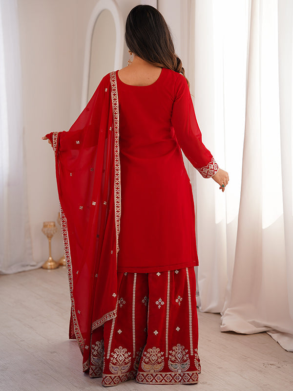 Red Embroidery Sequence Work Fox Georgette Top Sharara With Dupatta