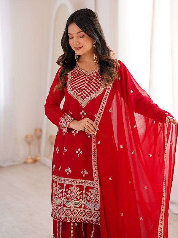 Red Embroidery Sequence Work Fox Georgette Top Sharara With Dupatta