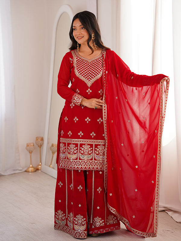 Red Embroidery Sequence Work Fox Georgette Top Sharara With Dupatta