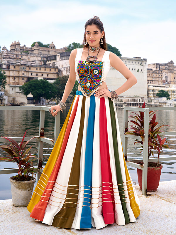 White Gamthi Work Top With Multicolor Gota Patti Pure Rayon Lehenga