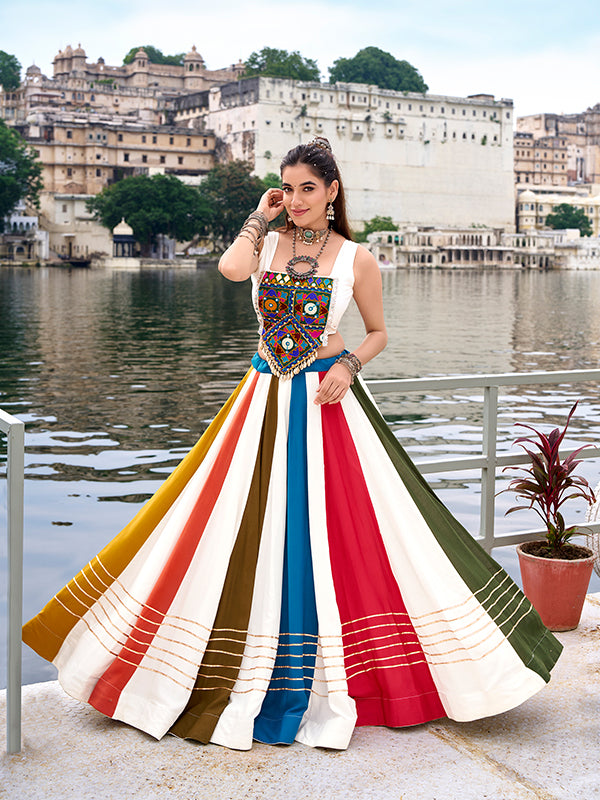 White Gamthi Work Top With Multicolor Gota Patti Pure Rayon Lehenga