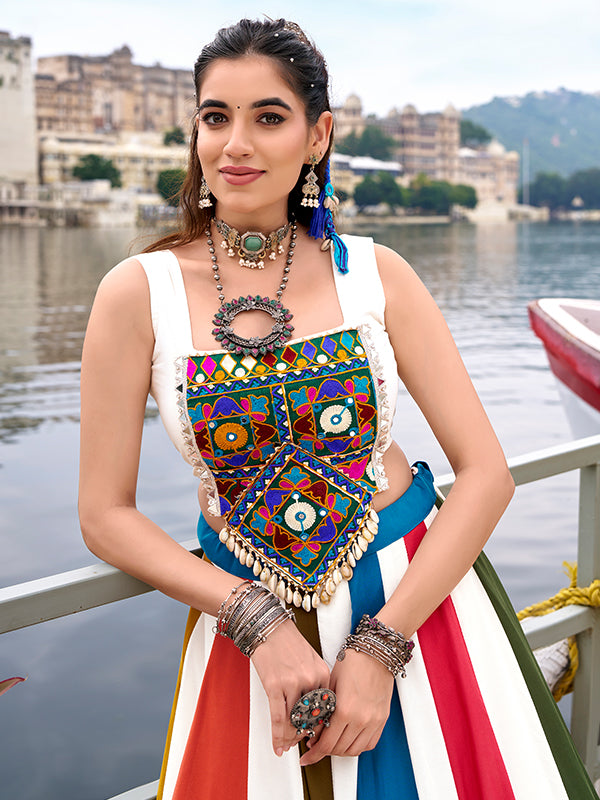 White Gamthi Work Top With Multicolor Gota Patti Pure Rayon Lehenga