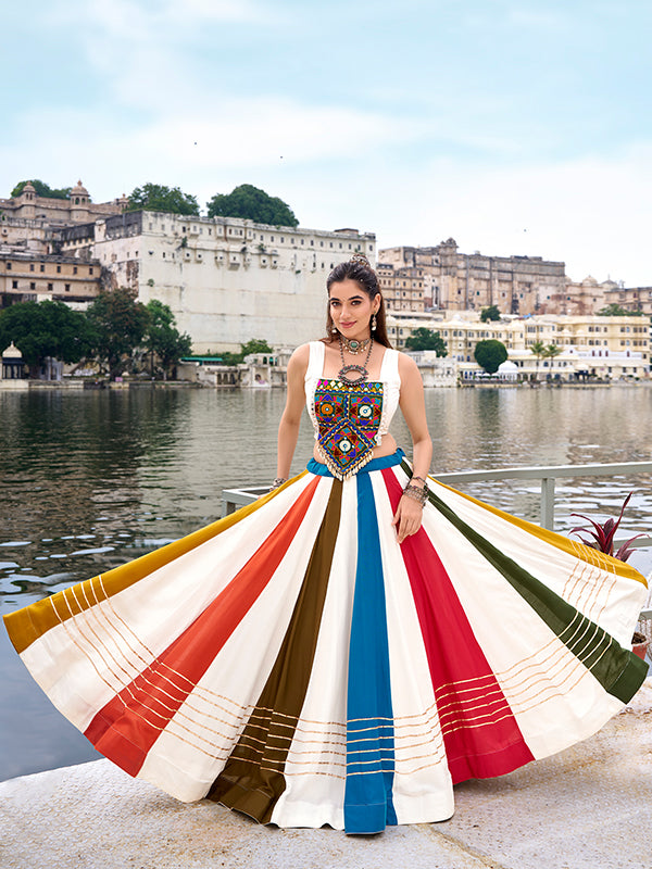 White Gamthi Work Top With Multicolor Gota Patti Pure Rayon Lehenga