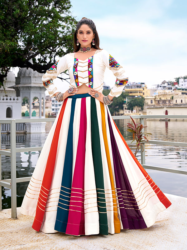 White Gamthi Work Pure Rayon Top With Multicolor Gota Patti Lehenga