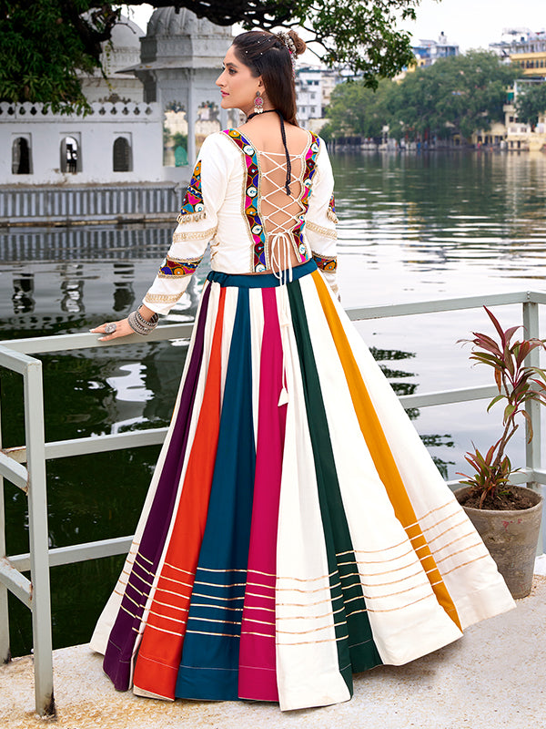 White Gamthi Work Pure Rayon Top With Multicolor Gota Patti Lehenga