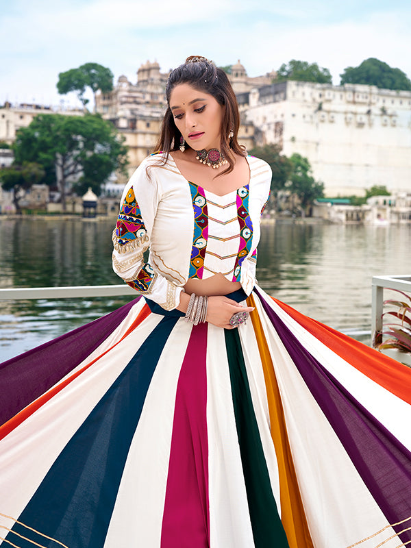 White Gamthi Work Pure Rayon Top With Multicolor Gota Patti Lehenga
