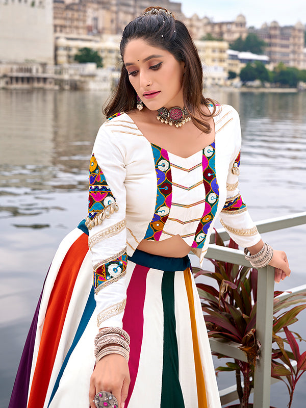 White Gamthi Work Pure Rayon Top With Multicolor Gota Patti Lehenga