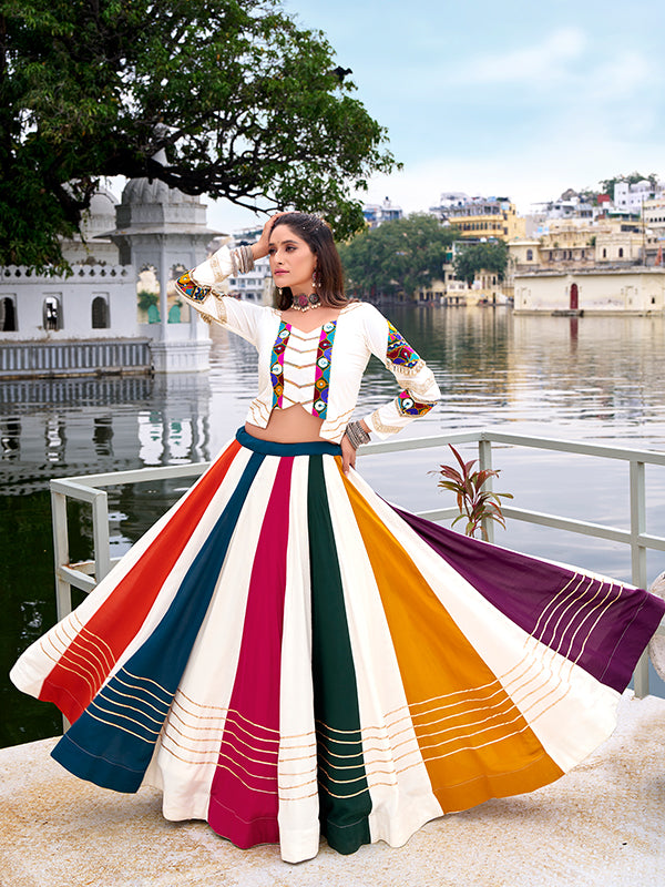 White Gamthi Work Pure Rayon Top With Multicolor Gota Patti Lehenga