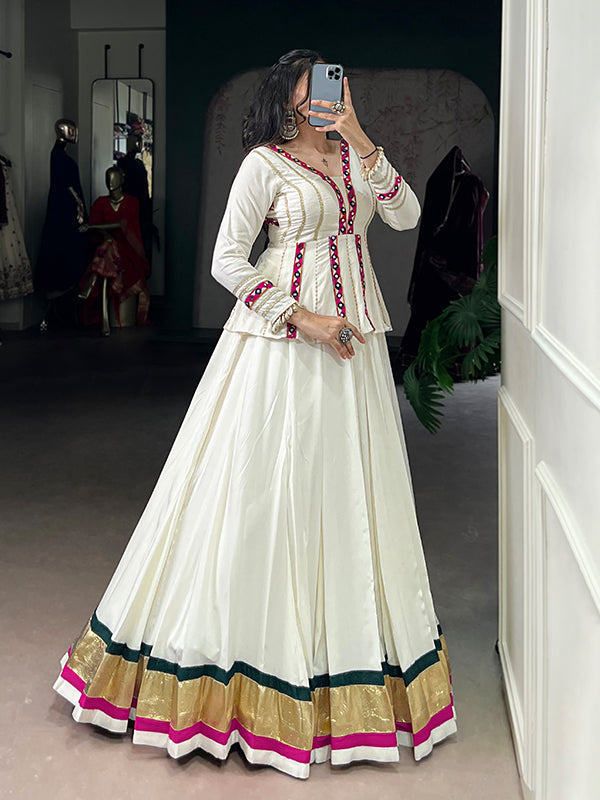 White Mirror Gamthi Work Pure Rayon Peplum Top With Lehenga