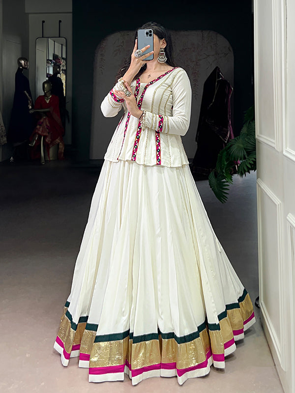 White Mirror Gamthi Work Pure Rayon Peplum Top With Lehenga