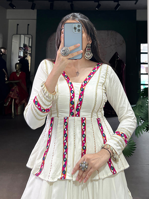 White Mirror Gamthi Work Pure Rayon Peplum Top With Lehenga