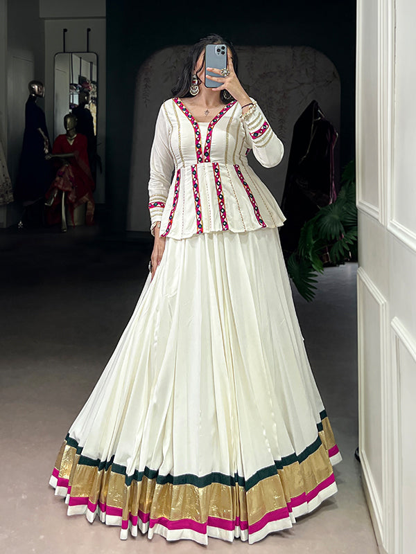 White Mirror Gamthi Work Pure Rayon Peplum Top With Lehenga