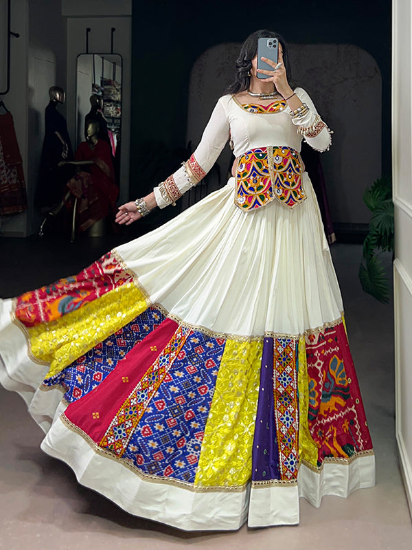White Gamthi Work Rayon Top With Multicolor Patch Lehenga
