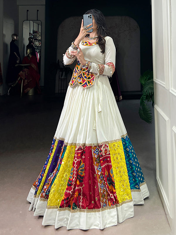 White Gamthi Work Rayon Top With Multicolor Patch Lehenga