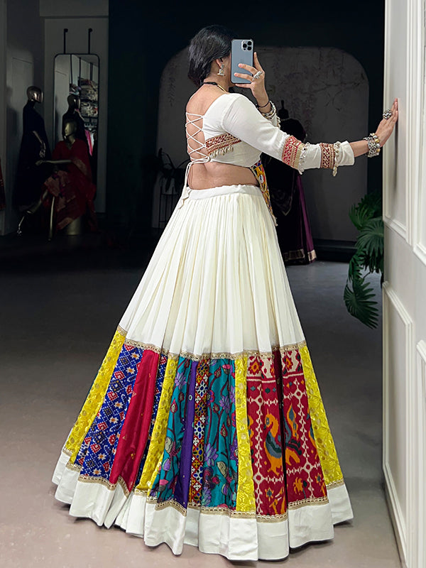 White Gamthi Work Rayon Top With Multicolor Patch Lehenga