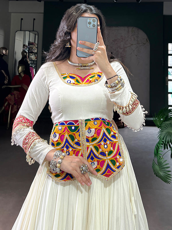 White Gamthi Work Rayon Top With Multicolor Patch Lehenga