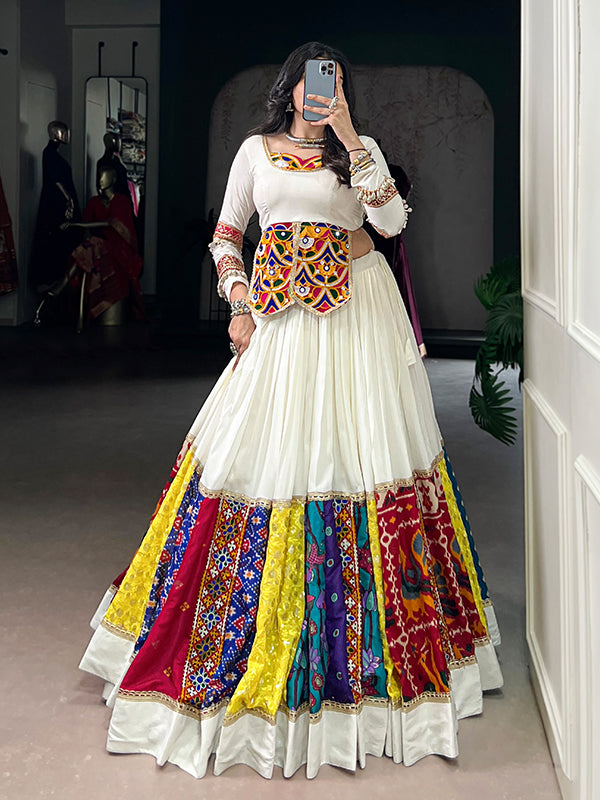 White Gamthi Work Rayon Top With Multicolor Patch Lehenga