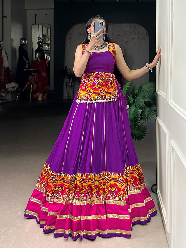 Purple Gamthi Work Top With Gota Patti Lace Touch Up Pure Rayon Lehenga