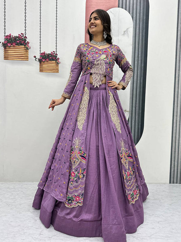 Lavender Peacock Thread Sequence Work Top With Lehenga Set