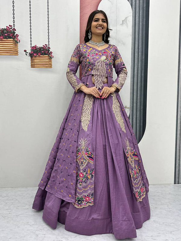 Lavender Peacock Thread Sequence Work Top With Lehenga Set