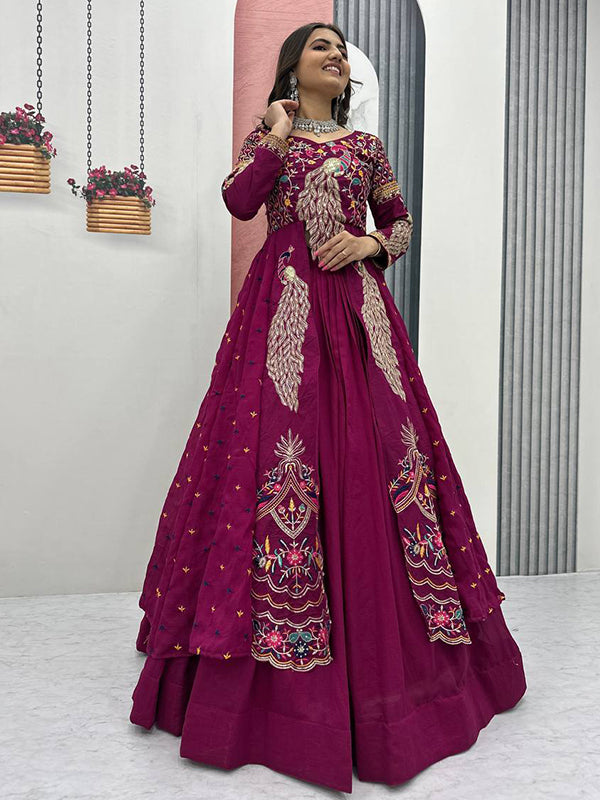 Magenta Peacock Thread Sequence Work Top With Lehenga Set