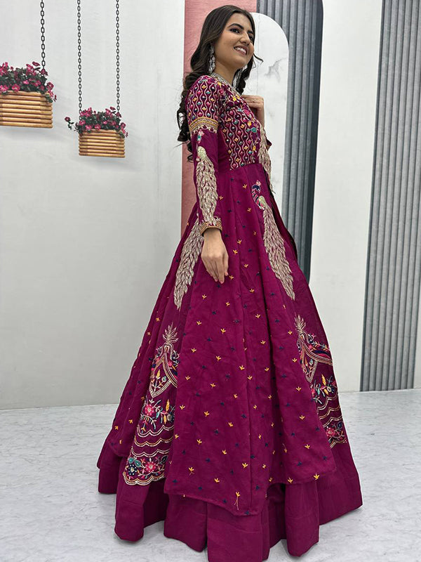 Magenta Peacock Thread Sequence Work Top With Lehenga Set
