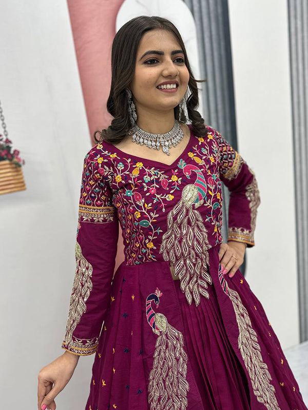 Magenta Peacock Thread Sequence Work Top With Lehenga Set