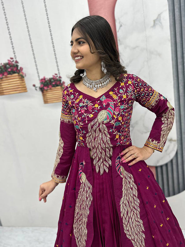 Magenta Peacock Thread Sequence Work Top With Lehenga Set