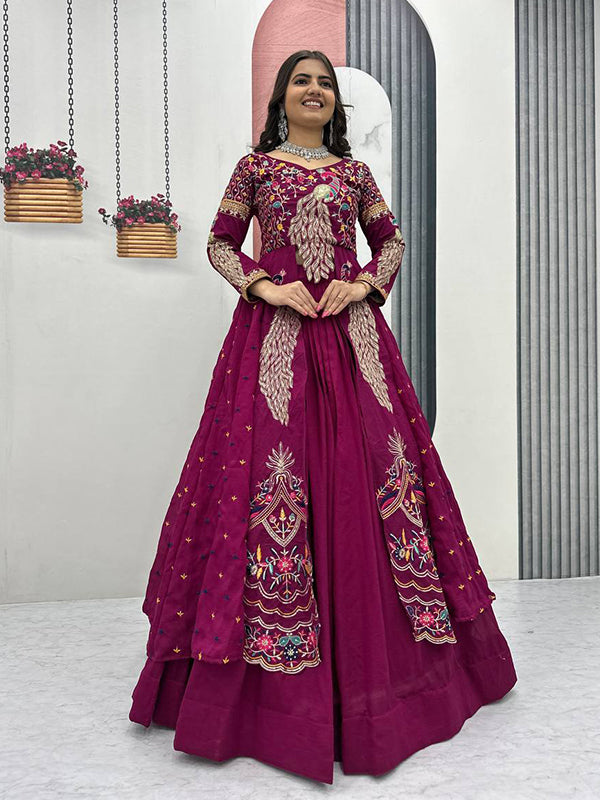 Magenta Peacock Thread Sequence Work Top With Lehenga Set