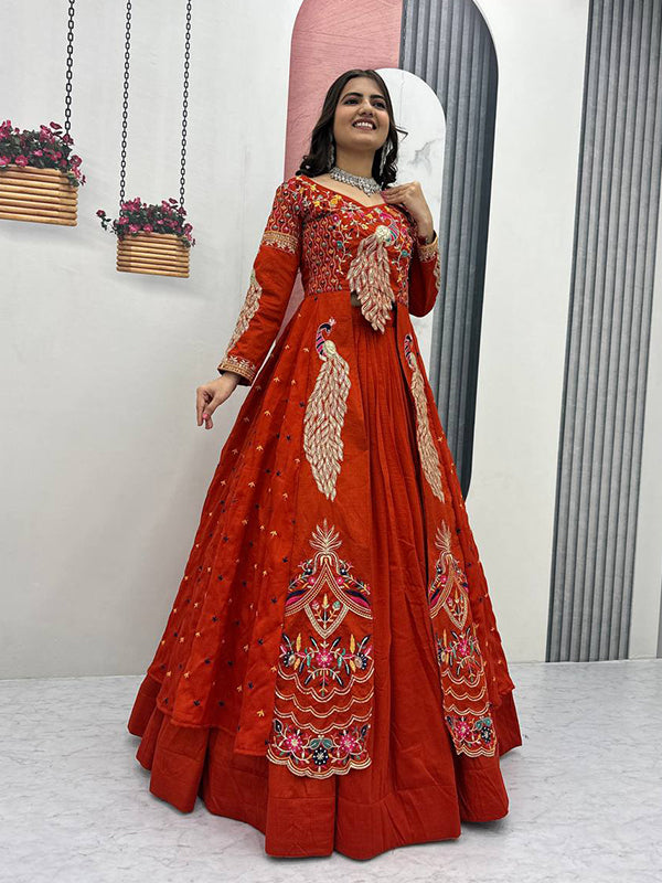 Orange Peacock Thread Sequence Work Top With Lehenga Set