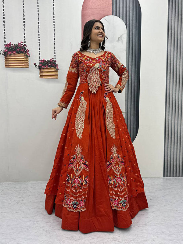 Orange Peacock Thread Sequence Work Top With Lehenga Set