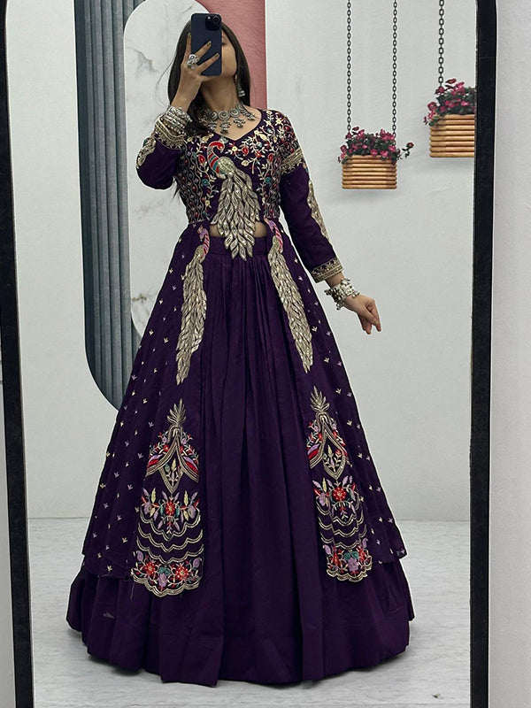 Purple Peacock Thread Sequence Work Top With Lehenga Set