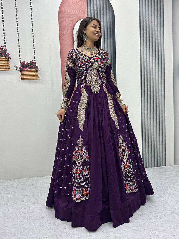 Purple Peacock Thread Sequence Work Top With Lehenga Set