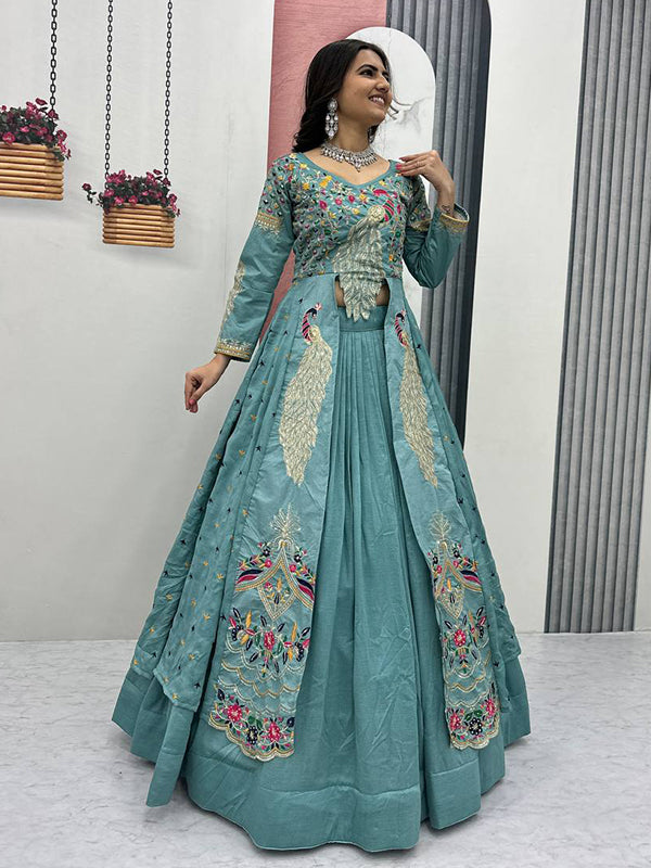 Sky Blue Peacock Thread Sequence Work Top With Lehenga Set